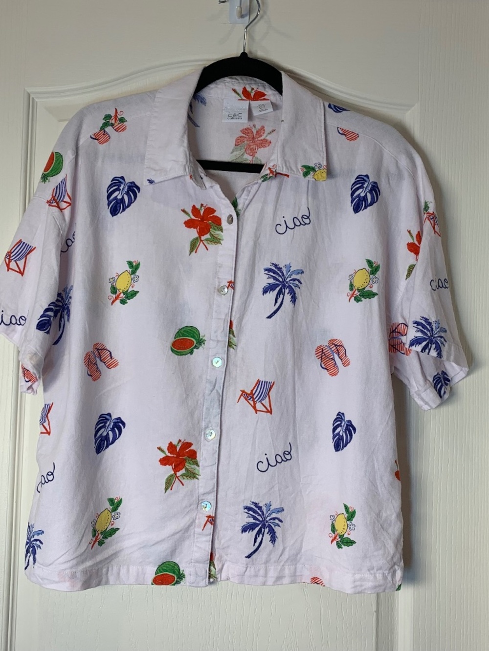 C&C California Italian Vacation Print Linen Blend Blouse Ciao Lemons Summer M